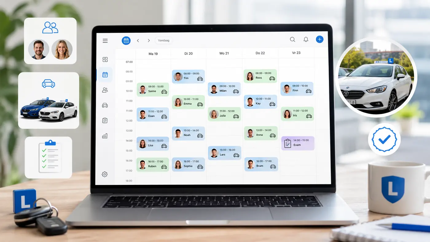 Rijschool planning software: lessen, instructeurs, voertuigen en examens in één agenda