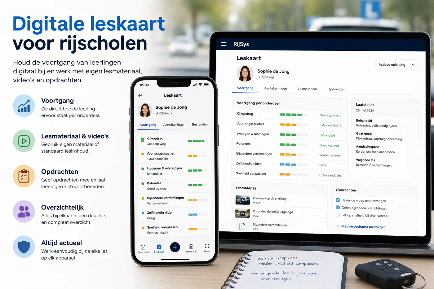 Digitale leskaart voor rijscholen: voortgang, video’s en lesmateriaal in één app