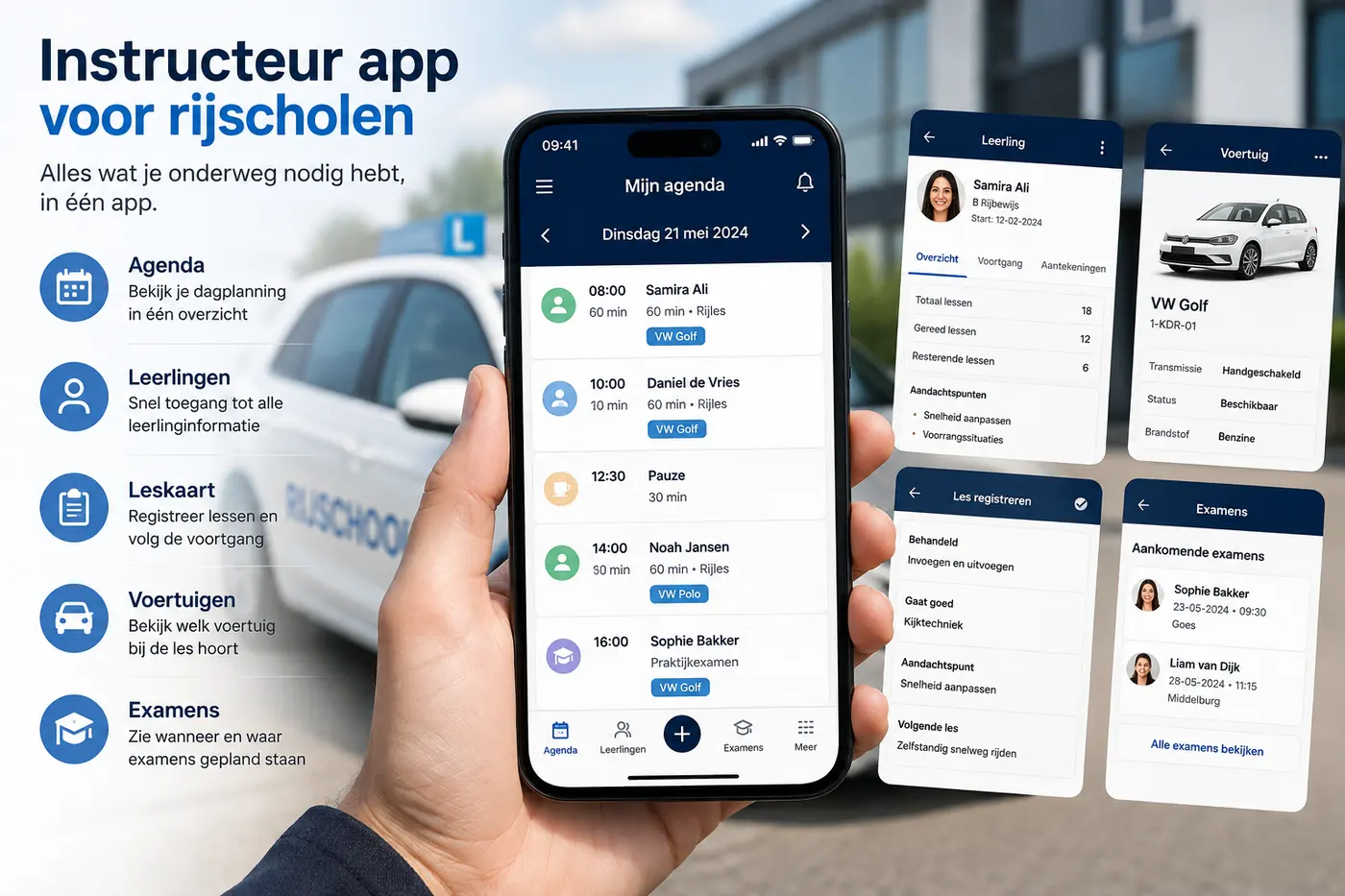 Instructeur app voor rijscholen: agenda, leerlingen en leskaart onderweg