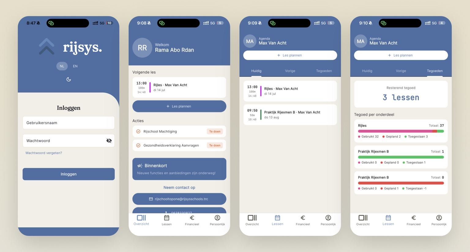 Leerling app voor rijscholen met planning, betalingen, leskaart en voortgang