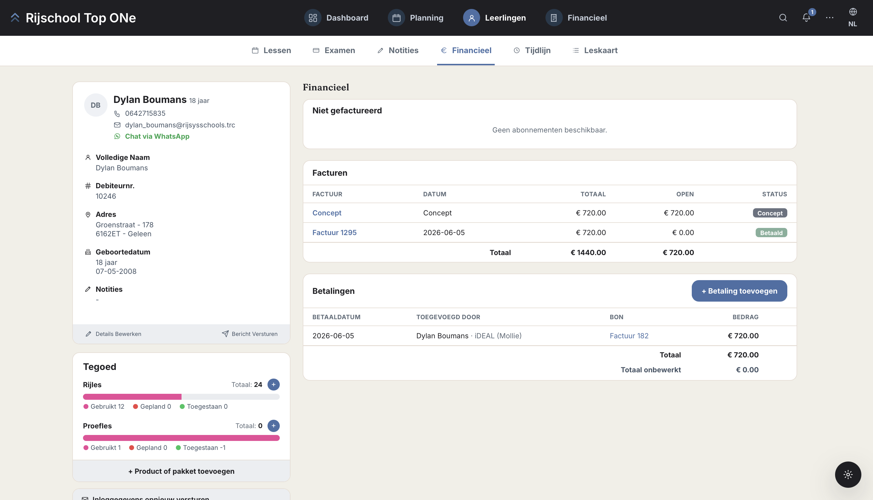 Facturatie en betalingen in RijSys rijschoolsoftware met facturen, betaalverzoeken en termijnbetalingen